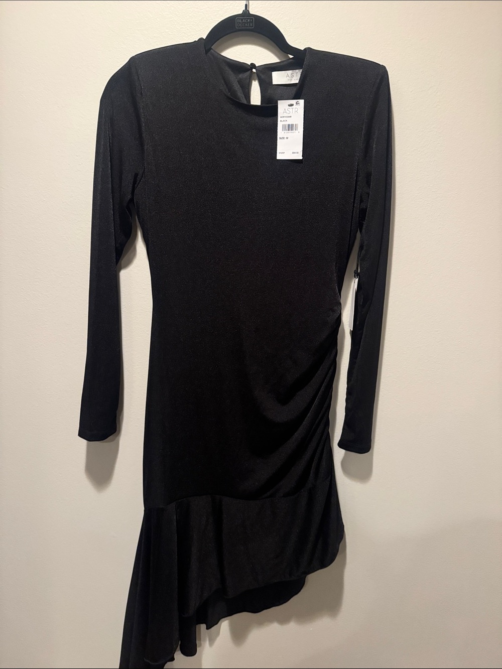 ASTR Black Asymmetric Long-Sleeve Ruched Dress